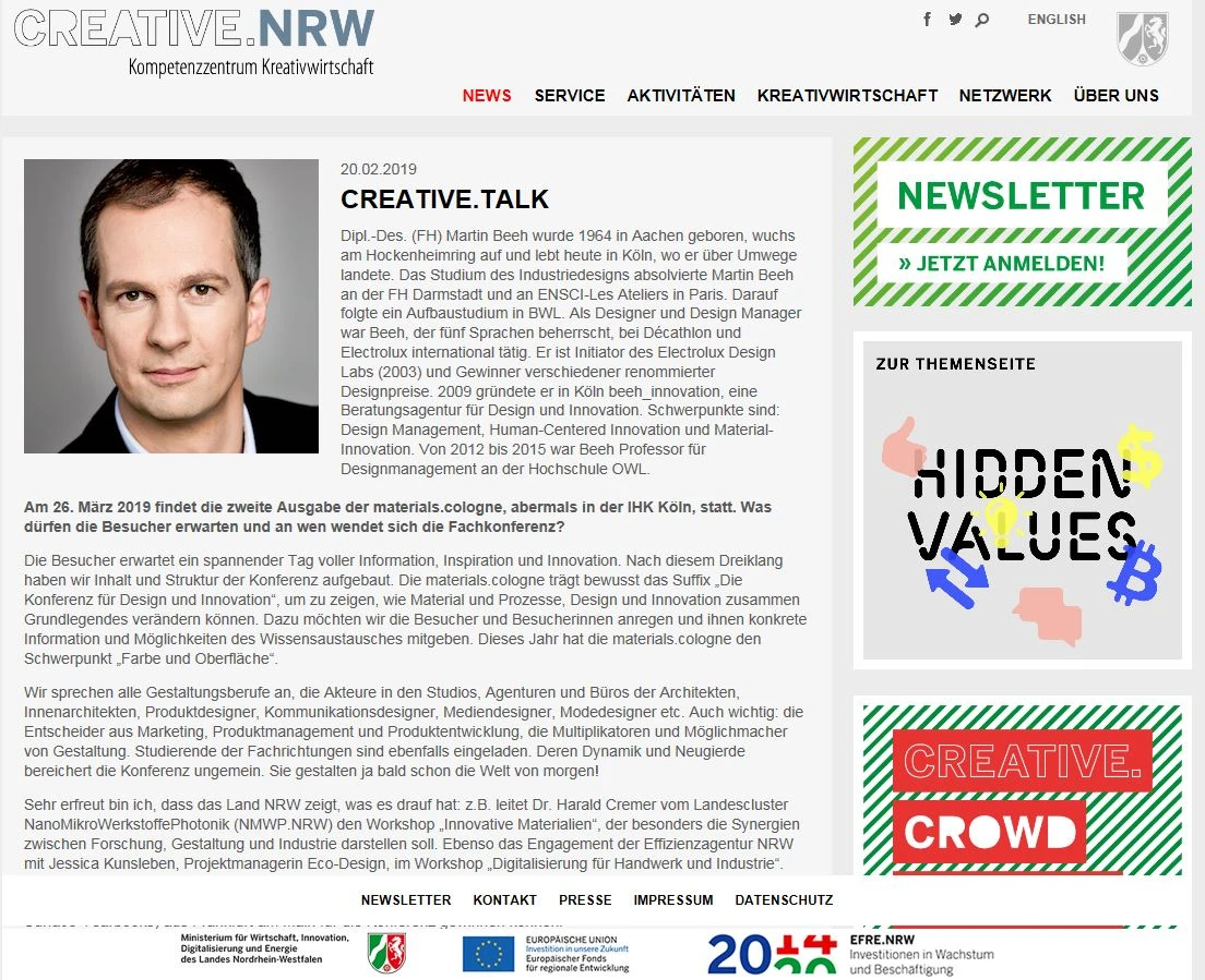CREATIVE.Talk von CREATIVE.NRW: Interview mit dem Designer und Initiator der materials.cologne, Martin Beeh